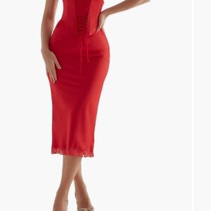 House of CB Salma Red Lace-Up Midi Dress
